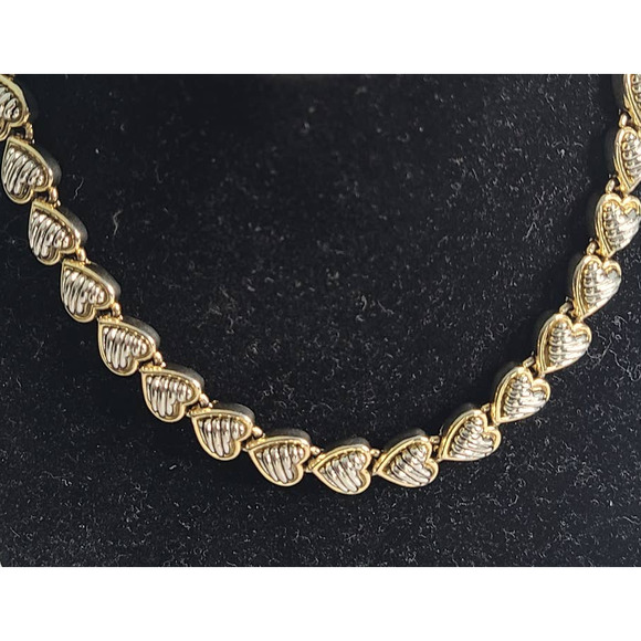 Vintage Jewelry - Vintage Two Tone Gold & Silver Tone Textured Hearts Choker Necklace 14"